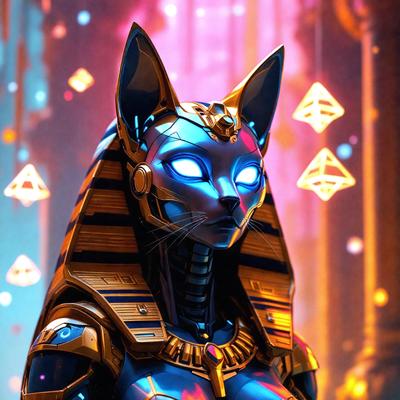 The primary subject of the image is a cat with blue eyes, wearing a gold headdress and a blue dress. The cat is standing in front of a backdrop of triangles, which adds a unique visual style to the scene. The overall atmosphere of the image is vibrant and colorful, with the blue eyes of the cat being the focal point.